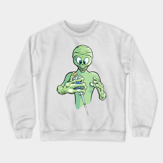 Funny Science Cartoon - Alien Visitor Holding Pipette PCR Crewneck Sweatshirt by SuburbanCowboy